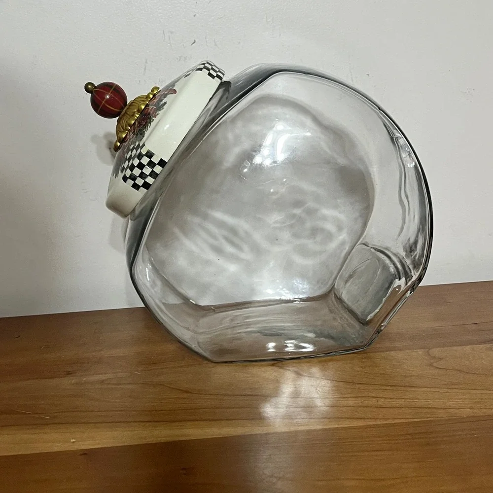 Mackenzie-Childs Evergreen Glass Cookie Jar Holiday Courtly Check Lid Finial‎